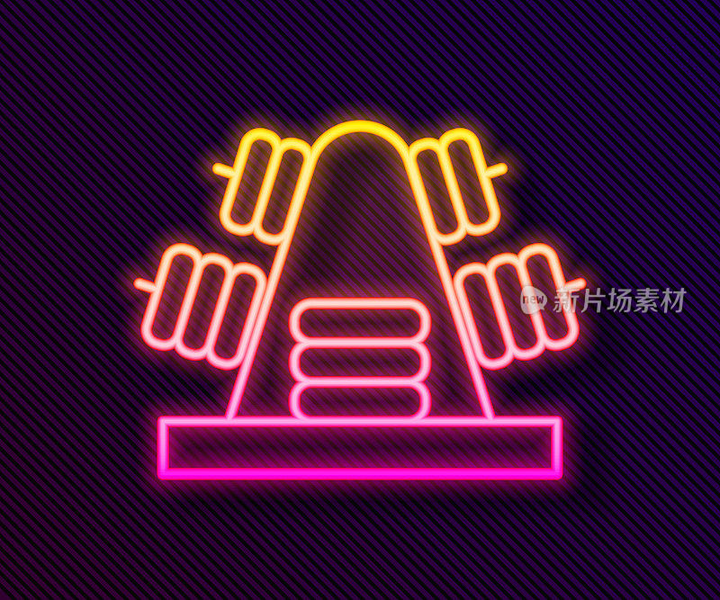 Glowing neon line Metal rack with additional weights for barbell icon isolated on black background. Bodybuilding, fitness, sport, healthy lifestyle concept. Vector